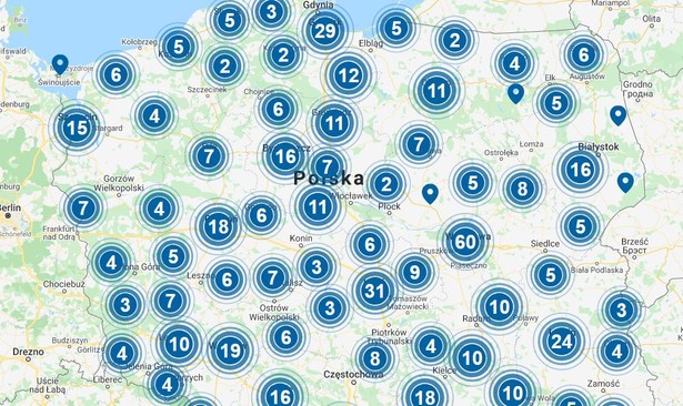 Mapa z aptekami w Polsce, gdzie można wykonać bezpłatny test na koronawirusa. Źrodło: pacjent.gov.pl