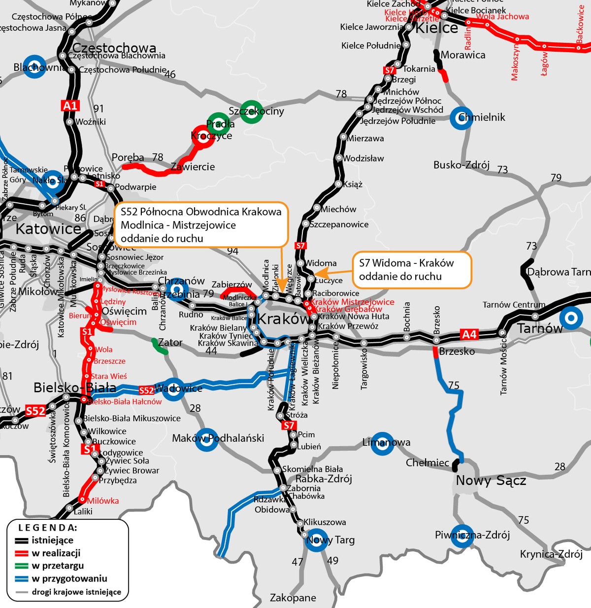 Mapa otwarcia odcinków S7 i S52