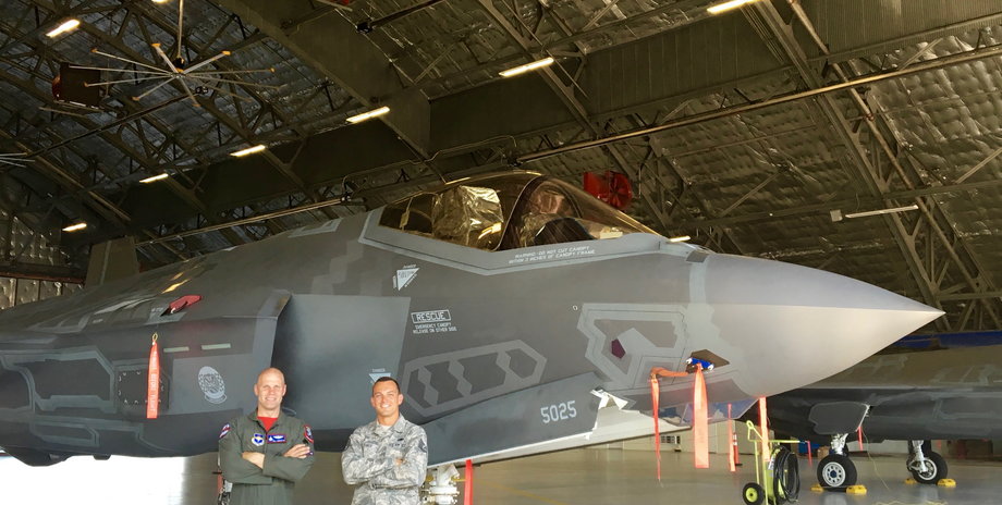 US Air Force Maj. Will "D-Rail" Andreotta and US Air Force TSgt. Robert James in front of an F-35A at Joint Base Andrews on Thursday.