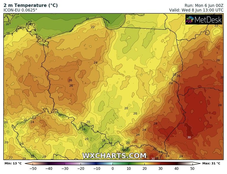 W strefie frontowych opadów temperatura może mieć problemy z przekroczeniem 20 st. C