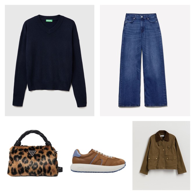 Džemper sa V izrezom „Benetton“, farmerke „Sisley“, jakna „Reserved“, tašna „Guess“, patike „Camper“ 
