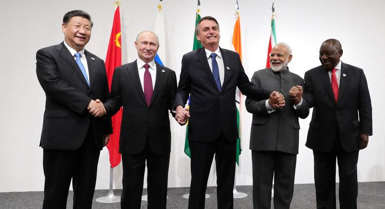 Leaders of BRICS countries  China's Xi Jinping, Russia's Vladimir Putin, Brazil's Jair Bolsonaro, India's Narendra Modi, and South Africa's Cyril Ramaphosa  at the BRICS summit in Osaka, Japan, on June 28, 2019. The leaders met virtually this year.