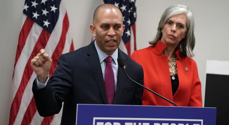 Rep. Hakeem Jeffries (center) is poised to become Democratic minority leader in 2023 while Rep. Katherine Clark of Massachusetts will serve as minority whip, the Democrats' No. 2 position. This will mark a generational shift for Democrats in the House, who are currently led by three octogenarians.Alex Wong/Getty Images