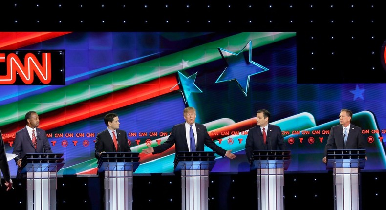 From left, Moderator Wolf Blitzer, Republican presidential candidates, retired neurosurgeon Ben Carson, Sen. Marco Rubio, R-Fla., businessman Donald Trump, Sen. Ted Cruz of Texas, and Ohio Gov. John Kasich participate in a Republican presidential primary debate at The University of Houston on February 25, 2016.David J. Phillip/AP Photo