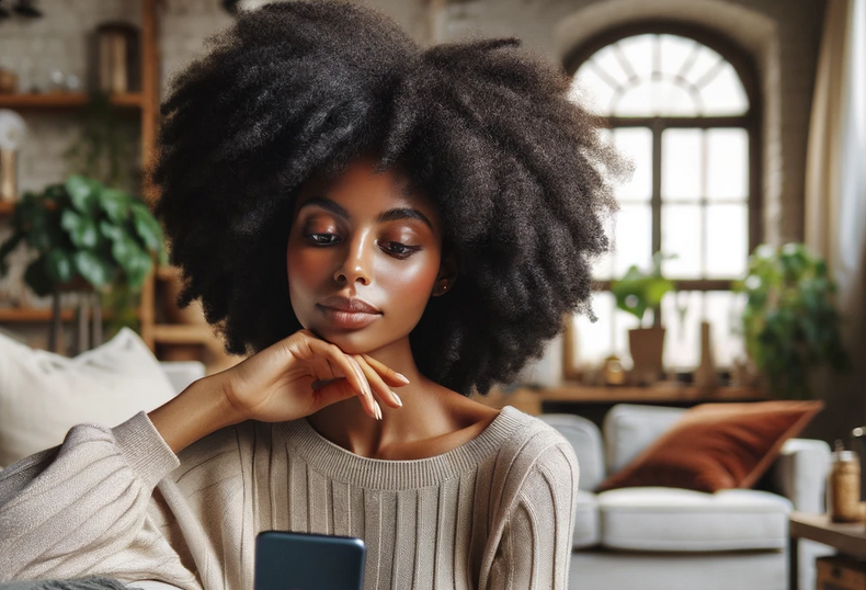 AI-generated image of a young African woman looking at her phone