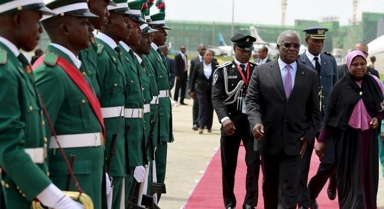 Sao Tome and Principe's President Manuel Pinto da Costa arrives at the airport in Abuja, Nigeria May 28, 2015. 