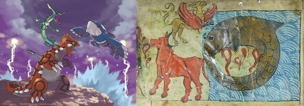 Pokemony Groudon, Kyogre i Rayquaza oraz ich pierwowzory: Behemot, Lewiatan i Ziz (na ilustracji z hebrajskiej Biblii z 1238 roku)