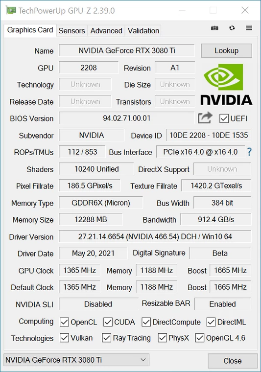 Nvidia GeForce RTX 3080 Ti FE – GPU-Z – secyfikacja układu