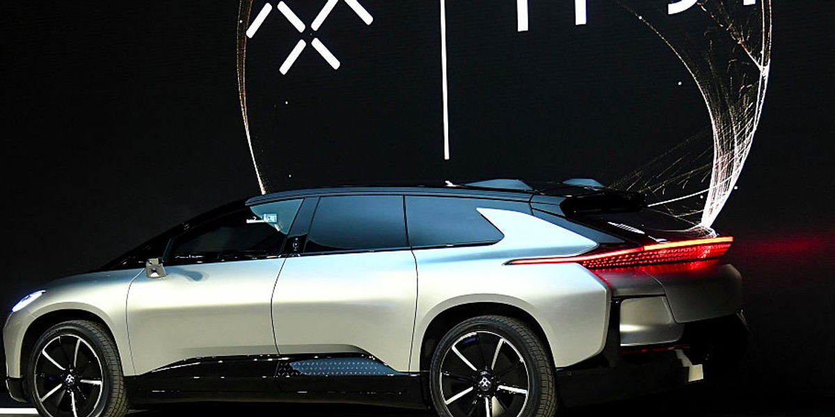 Faraday Future's FF 91 prototype electric crossover vehicle is unveiled during a press event for CES 2017.