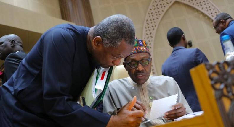 President Muhammadu Buhari with Minister of Foreign Affairs, Geoffrey Onyeama [Presidency]