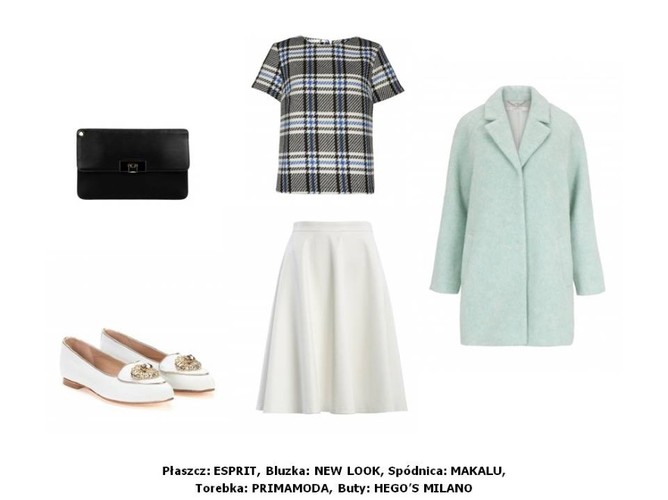 Płaszcz ESPRIT: 599 pln  Sweter New Look: 89,99 pln Spódnica Makalu: 189 pln Torebka PRIMAMODA: 399 pln Mokasyny HEGO'S MILANO: 399 pln