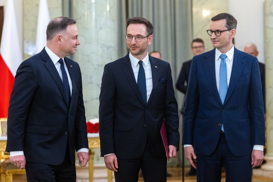 Andrzej Duda, Waldemar Buda i Mateusz Morawiecki, kwiecień 2022 r.