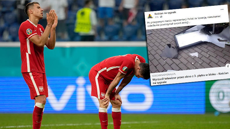 Mieszkaniec Kościana wyrzucił przez okno telewizor po przegranym meczu ze Szwecją. Na zdjęciu Robert Lewandowski i Jan Bednarek