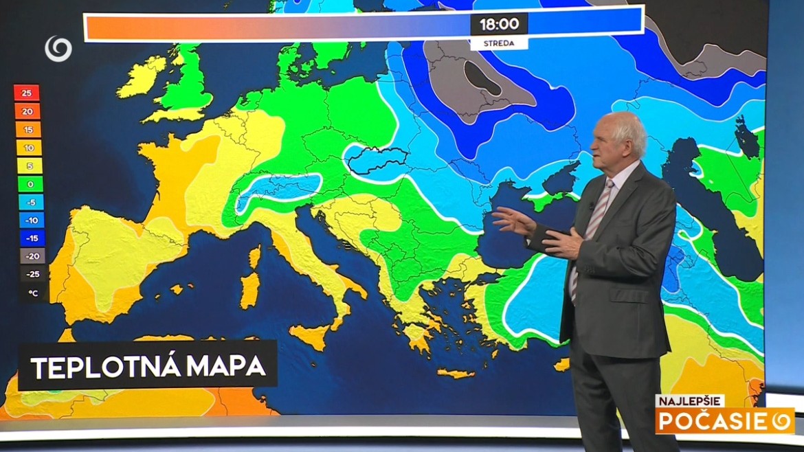 Teplotná mapa meteorológa Petra Jurčoviča v relácii Najlepšie počasie na TV Joj.