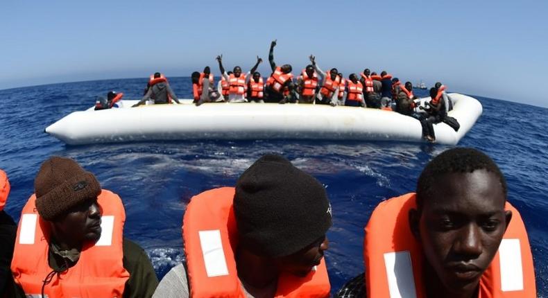 Migrants are rescued off the coast of Libya by SOS Mediterranee's Aquarius vessel in May 2016