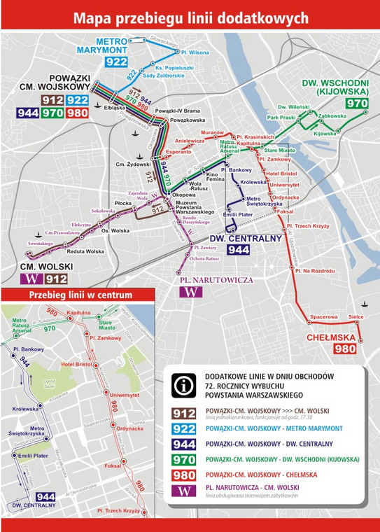 Plan dodatkowych linii kursujących podczas obchodów rocznicy wybuchu powstania warszawskiego