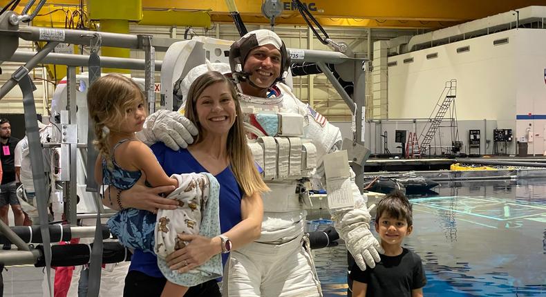 NASA astronaut Anil Menon with his wife, SpaceX lead space operations engineer Anna Menon, and their two children, Grace and James.Anil Menon
