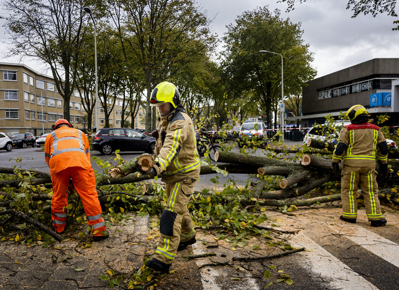 Holenderscy strażacy walczący ze skutkami orkanu Ciaran w ich kraju