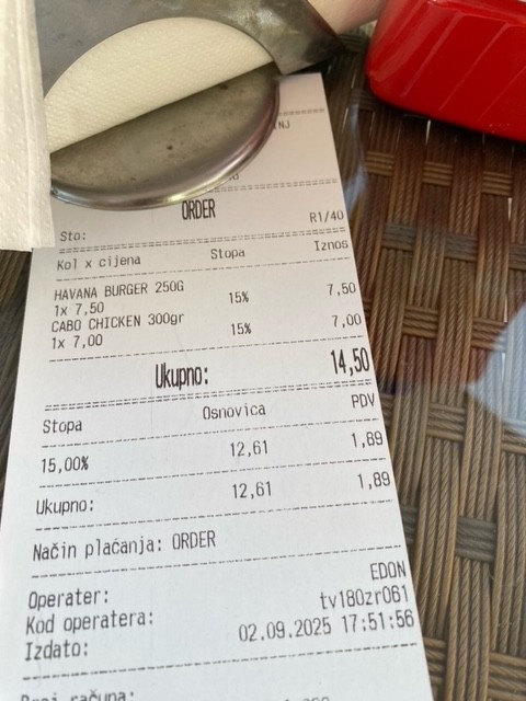 Čitateľ Miloš poslal účtenku z dovolenky v Čiernej Hore.