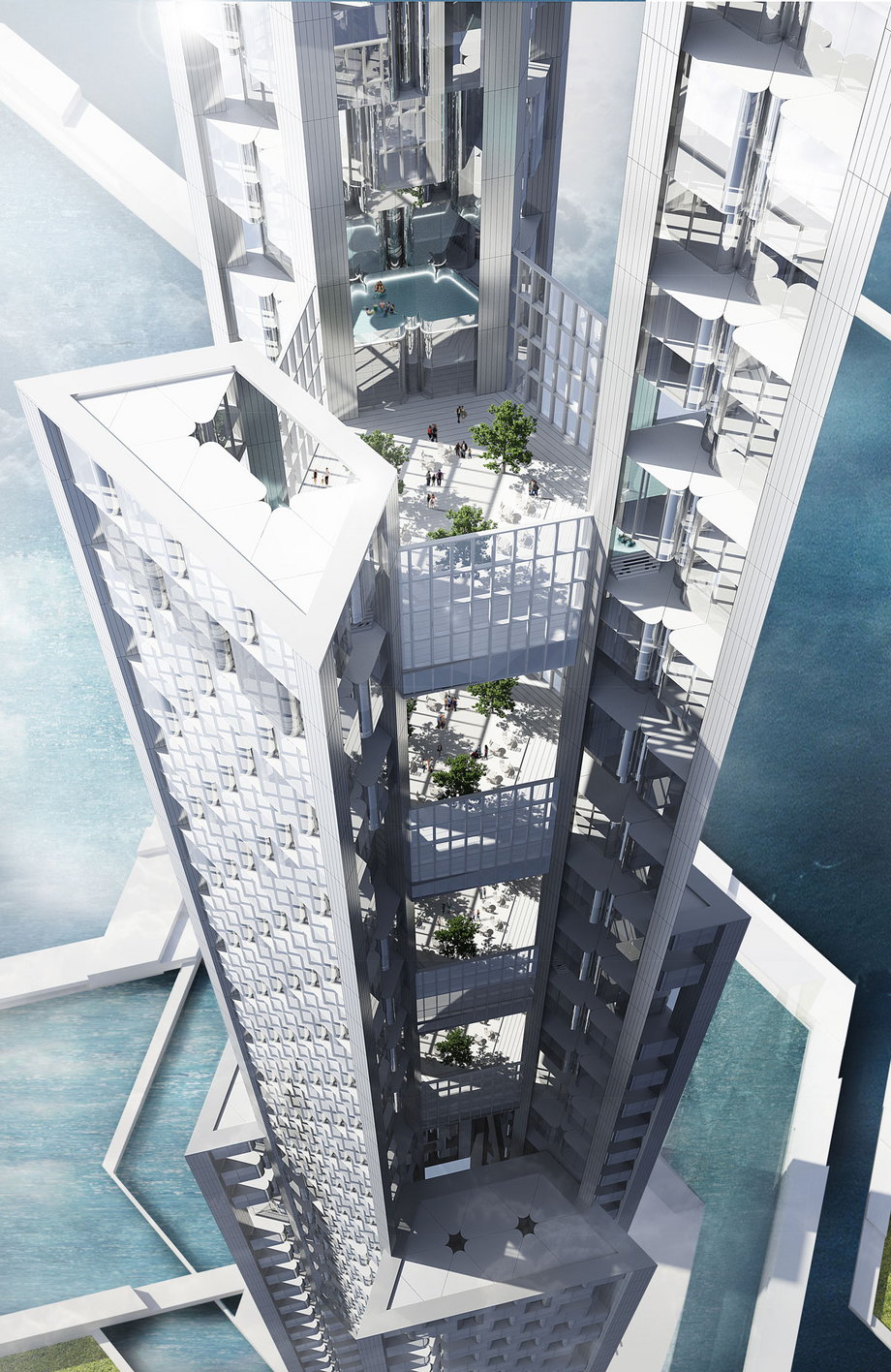 A vertical network of residential communities would be linked together by multi-level sky lobbies. From here, residents could access shared amenities like shops, restaurants, hotels, gyms, libraries, and clinics within the building.