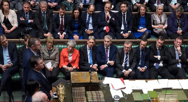 Theresa May and the Conservative frontbench await the result of vote on her Brexit deal, March 12, 2019.