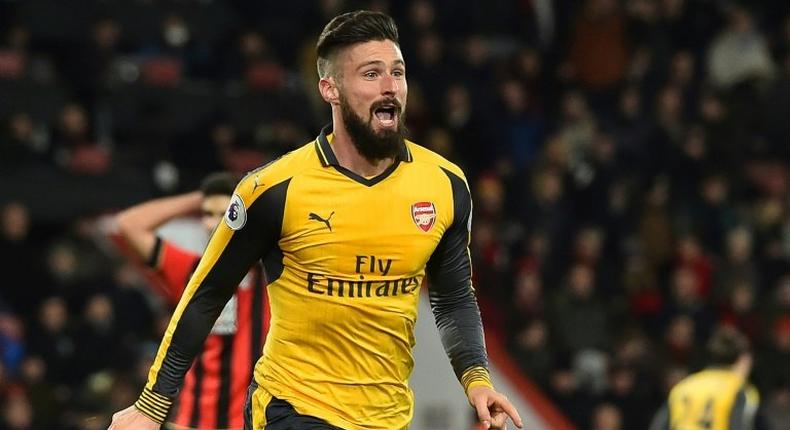 Arsenal's French striker Olivier Giroud celebrates after scoring during their game against Bournemouth on January 3, 2017