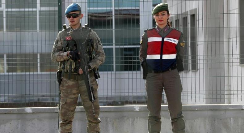 Turkish soldiers guard at the Sincan Prison in Ankara, on February 28, 2017 during the trial of suspects accused of involvement in last year's failed July coup