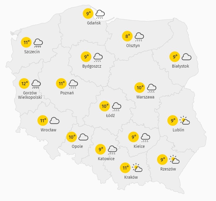 Prognoza temperatury w poniedziałek 16 listopada