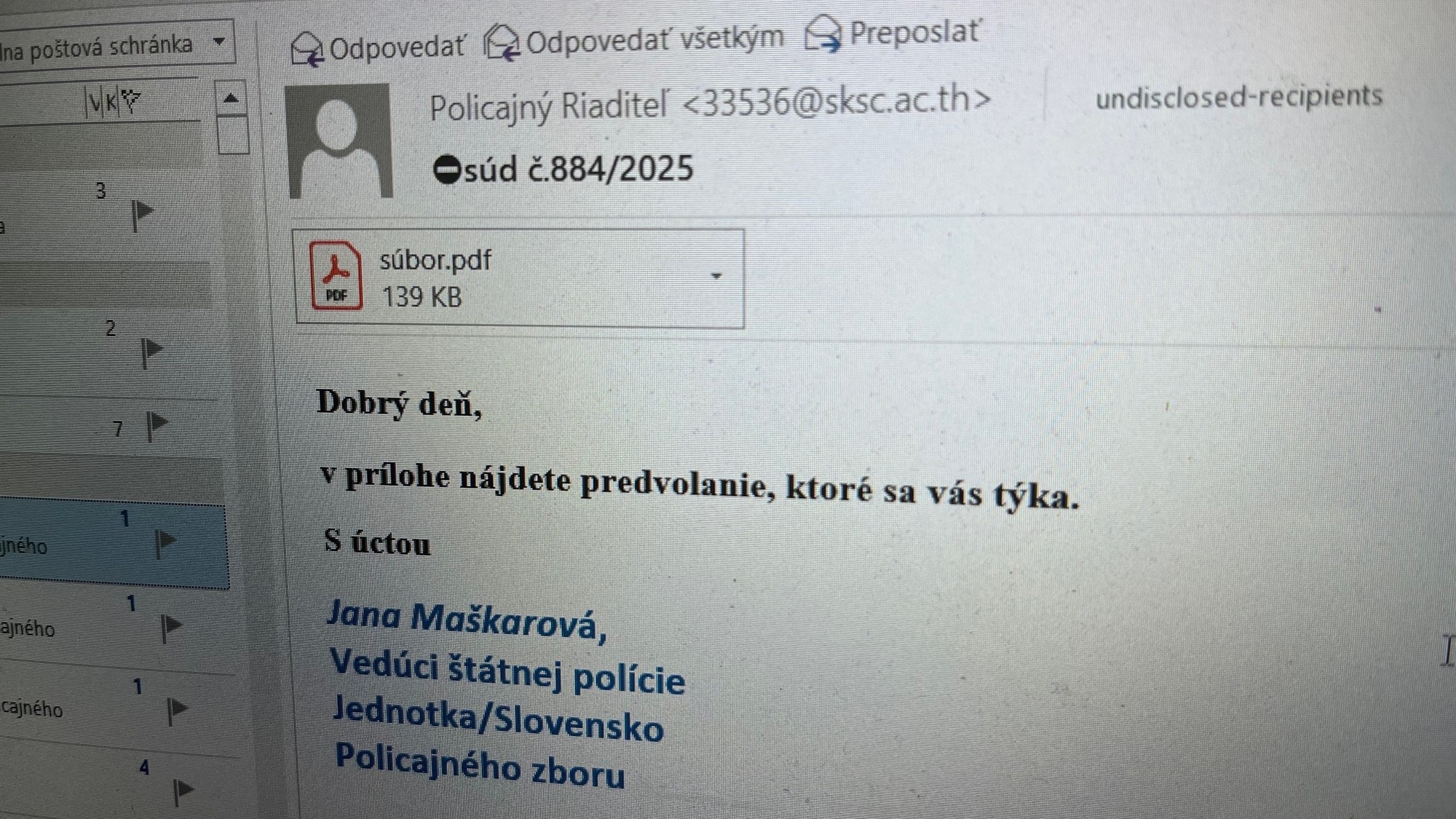 Falošné súdne predvolania cez email už začali zneužívať meno Jany Maškarovej