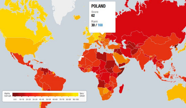 Mapa korupcji na świecie, źródło: Transparency International