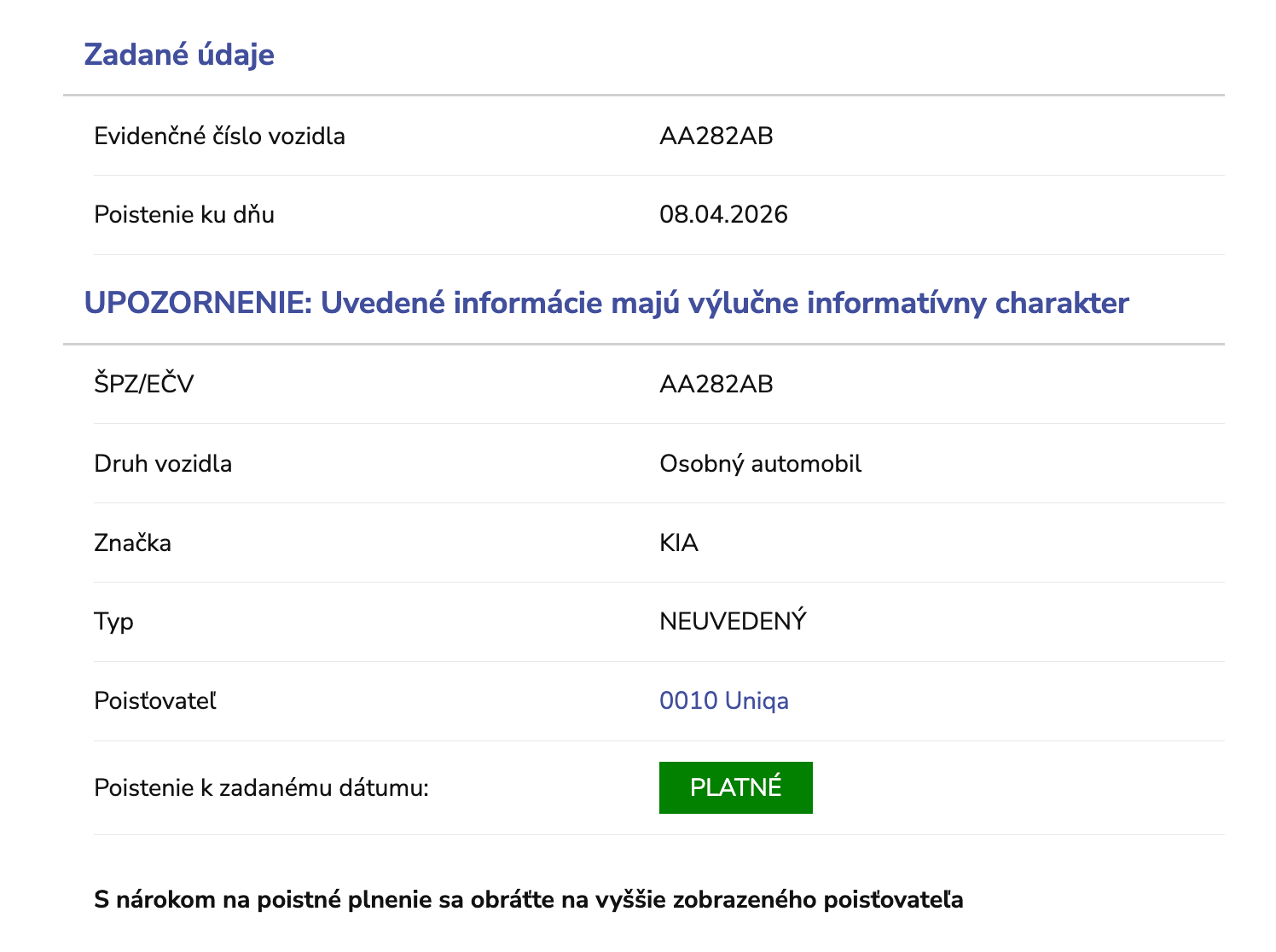 Takto vyzerá výpis z registra SKP, ktorý získate po vložení EČV/ŠPZ.