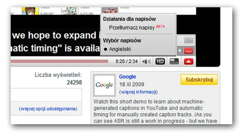 Funkcja automatycznych napisów w YouTube. Jak widać, Google pracuje również nad tłumaczeniem napisów na inne języki