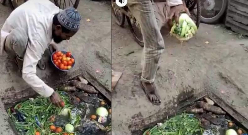 Disturbing photos show vegetable vendor collecting them from a dirty gutter