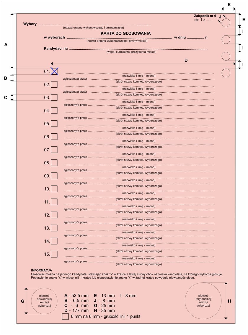 Karta do głosowania na kandydatów na wójtów, burmistrzów i prezydentów miast