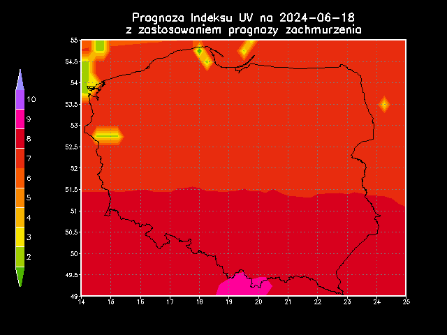 Prognoza indeksu UV na wtorek (z zastosowaniem prognozy zachmurzenia)