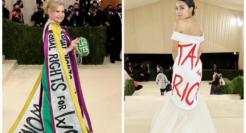 Carolyn Maloney (left) and Alexandria Ocasio-Cortez at the Met Gala in 2021.Dimitrios Kambouris/Staff/Getty Images ; Jamie McCarthy/MG21/Getty Images for The Met Museum/Vogue