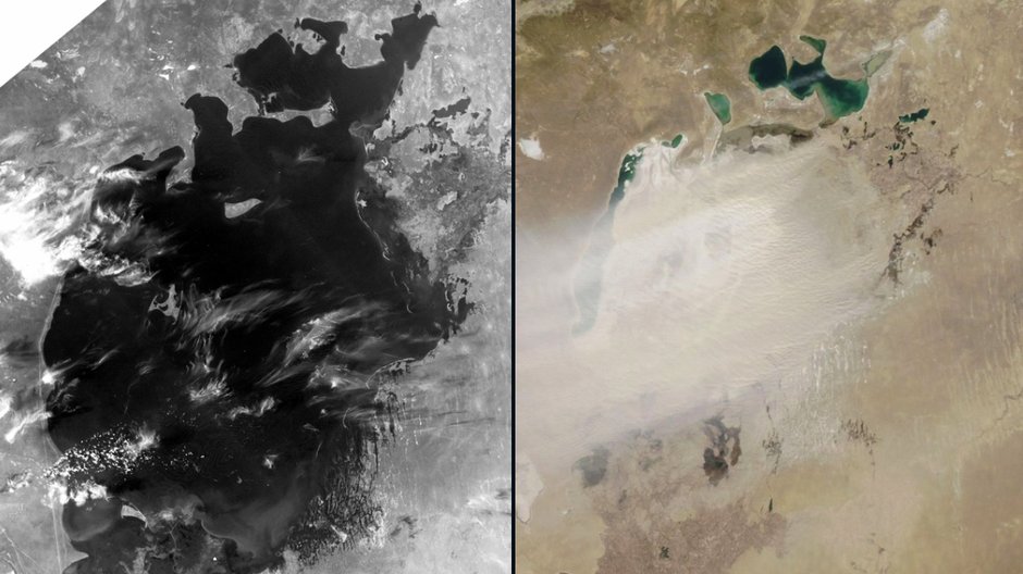 W ciągu ok. 50 lat Jezioro Aralskie zanikło niemal całkowicie