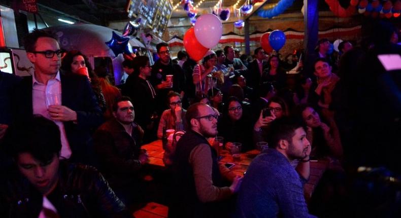 People gather at a bar in Mexico City, as US poll results come in, on November 8, 2016