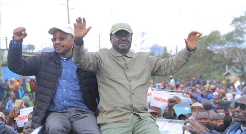 Azimio leader Raila Odinga and Mwangi wa Iria during the Saba Saba protest rally at Kamukunji grounds in Nairobi on July 7, 2023