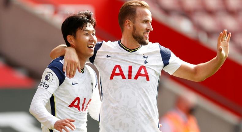 Tottenham's Son Heung-min celebrates with Harry Kane (R)