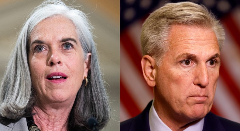 House Minority Whip Katherine Clark and House Speaker Kevin McCarthy.Tom Williams/CQ-Roll Call via Getty Images; Anna Moneymaker/Getty Images