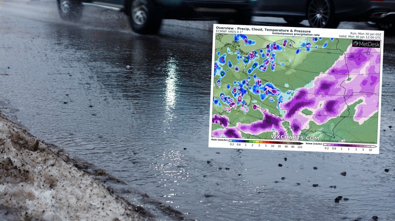 W poniedziałek czeka nas załamanie pogody. Zacznie mocno padać i porywiście wiać (mapa: wxcharts.com)