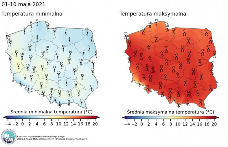 Model IMGW-TWS: Prognoza temperatury na I dekadę maja 01-10.05.2021