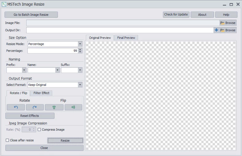 Główne okno programu do seryjnej zmiany rozdzielczości obrazów - MSTech Image Resize