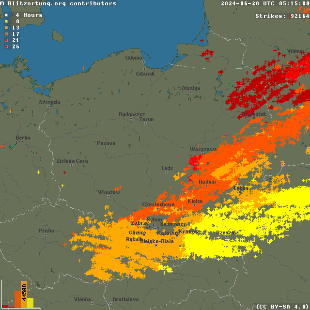 Rozkład wyładowań atmosferycznych w Polsce w ciągu ostatniej doby