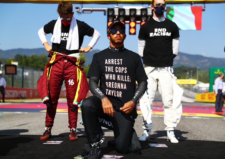 Lewis Hamilton wears a shirt calling for arrests in the shooting of Breonna Taylor.Dan Istitene - Formula 1/Formula 1 via Getty Images