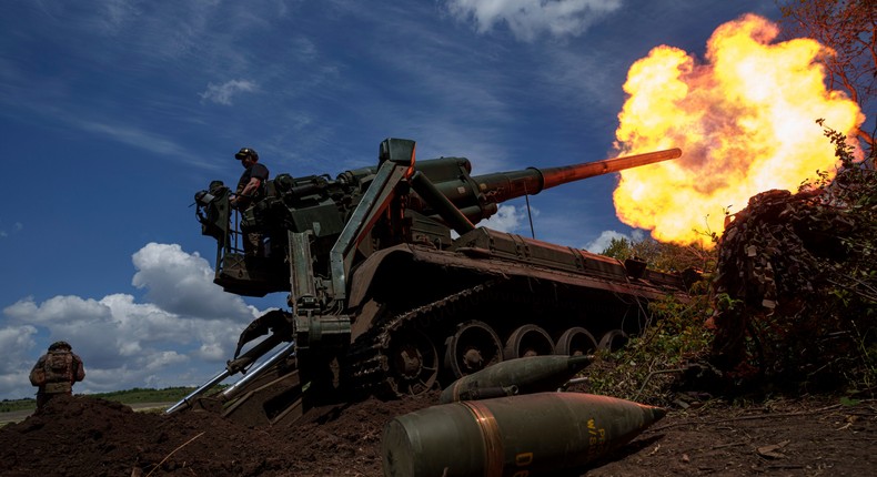 Ukrainian soldiers of 43rd artillery brigade fire a self-propelled howitzer toward Russian positions at the front line in the Donetsk region in June 2024.AP Photo/Evgeniy Maloletka