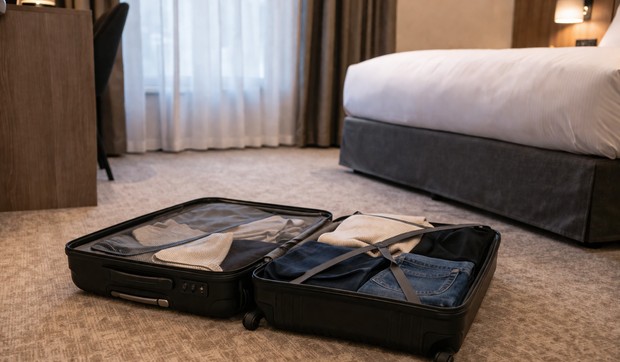 Kofer na podu hotelske sobe