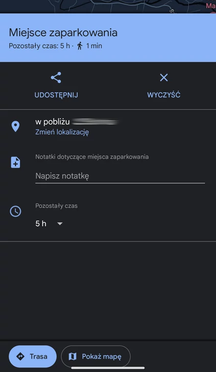 Do zaznaczonego miejsca postoju można dodać notatkę i informację o wykupionym czasie parkowania.