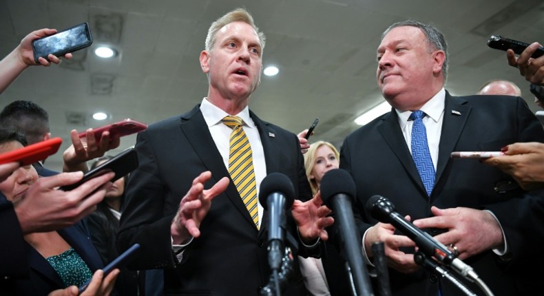 Acting US Defense Secretary Patrick Shanahan (left) and Secretary of State Mike Pompeo give a statement after a closed-door briefing on Iran to lawmakers